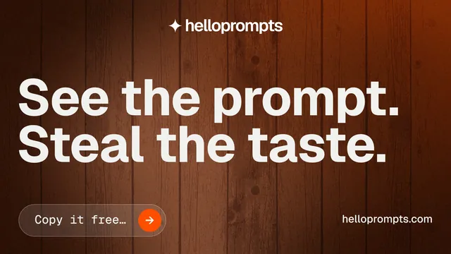 Landscape graphic for HelloPrompts: "See the prompt. Steal the taste." Agentic glass style, poster layout, dark palette in orange, brown, grey.