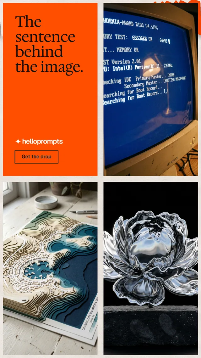 Instagram story for HelloPrompts: "The sentence behind the image." Editorial style, collage layout, dark palette in black, brown, grey.