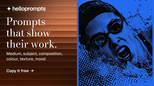 Landscape graphic for HelloPrompts: "Prompts that show their work." Minimal luxury style, bottom layout, dark palette in orange, black, blue.
