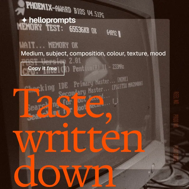 Instagram post for HelloPrompts: "Prompts that show their work." Editorial style, oversized layout, dark palette in orange, black, brown.