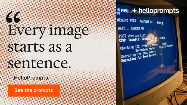 Landscape graphic for HelloPrompts: "Copy it free." Swiss style, quote layout, light palette in orange, blue.
