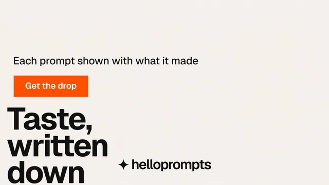 Landscape graphic for HelloPrompts: "Prompts that show their work." Swiss style, oversized layout, light palette in white, orange.