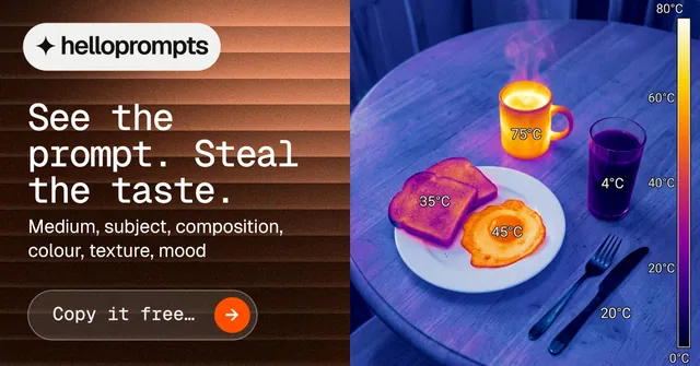 Social ad for HelloPrompts: "See the prompt. Steal the taste." Agentic glass style, bottom layout, dark palette in blue, grey, pink.