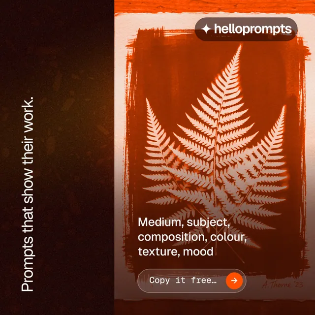 Instagram post for HelloPrompts: "Prompts that show their work." Agentic glass style, vertical layout, dark palette in black, orange.