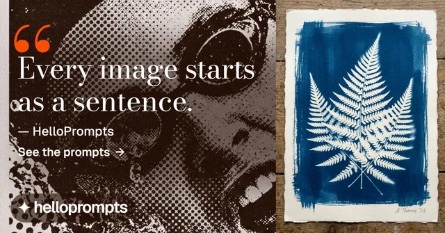 Social ad for HelloPrompts: "See the prompt. Steal the taste." Minimal luxury style, quote layout, dark palette in blue, grey, orange.