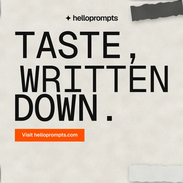 Instagram post for HelloPrompts: "Taste, written down." Retro print style, stacked layout, light palette in white, grey.
