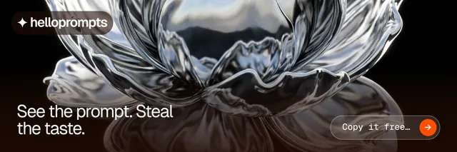 X header for HelloPrompts: "See the prompt. Steal the taste." Agentic glass style, image led layout, dark palette in black, grey.