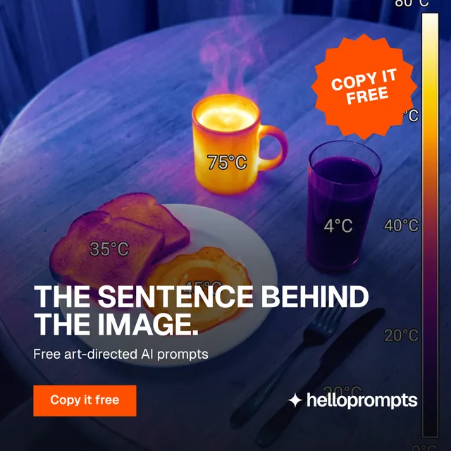 Instagram post for HelloPrompts: "The sentence behind the image." Swiss style, sticker layout, dark palette in blue, purple, orange.