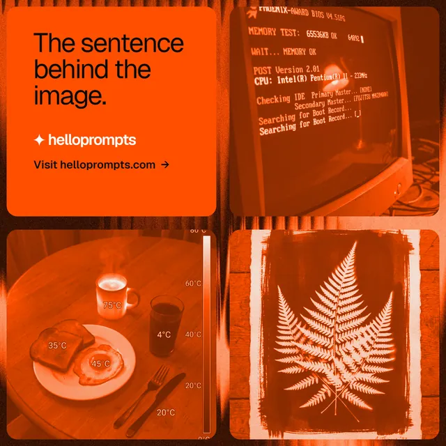 Instagram post for HelloPrompts: "The sentence behind the image." Agentic glass style, collage layout, dark palette in orange.