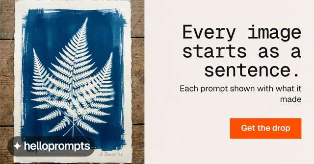 Social ad for HelloPrompts: "Every image starts as a sentence." Swiss style, right layout, light palette in white, grey, orange.