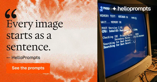 Social ad for HelloPrompts: "The art of speaking to machines." Swiss style, quote layout, light palette in blue, orange.