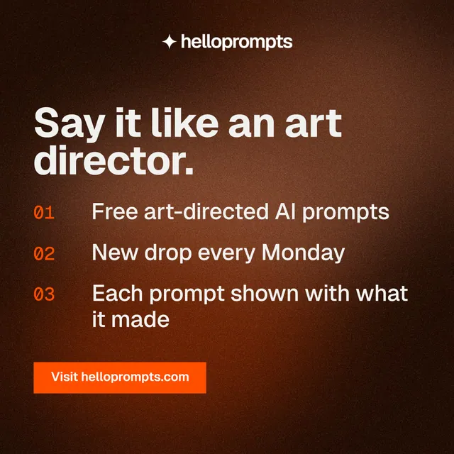 Instagram post for HelloPrompts: "Say it like an art director." Swiss style, numbered layout, dark palette in black, orange.