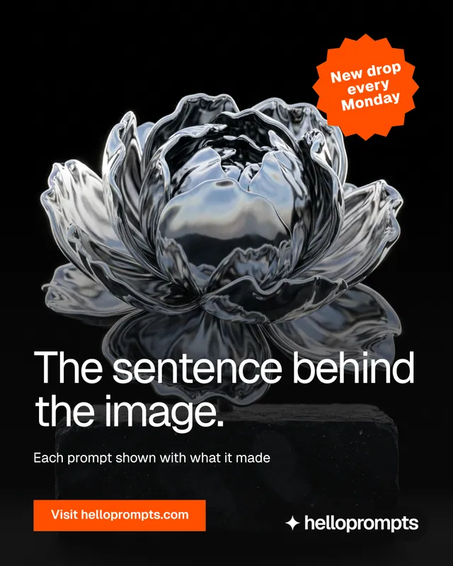 Instagram portrait post for HelloPrompts: "The sentence behind the image." Swiss style, sticker layout, dark palette in black, grey.