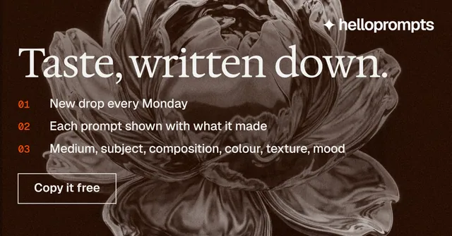 Social ad for HelloPrompts: "Taste, written down." Editorial style, numbered layout, dark palette in black, orange, grey.