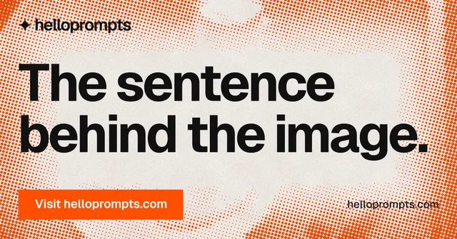 Social ad for HelloPrompts: "The sentence behind the image." Swiss style, poster layout, light palette in orange, brown.