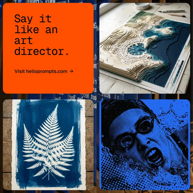 Instagram post for HelloPrompts: "Say it like an art director." Agentic glass style, collage layout, dark palette in blue, red, grey.