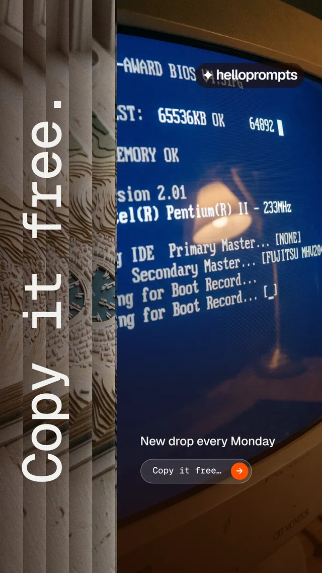 Instagram story for HelloPrompts: "Copy it free." Agentic glass style, vertical layout, dark palette in orange, blue, grey.