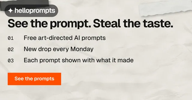 Social ad for HelloPrompts: "See the prompt. Steal the taste." Swiss style, numbered layout, light palette in white, grey.