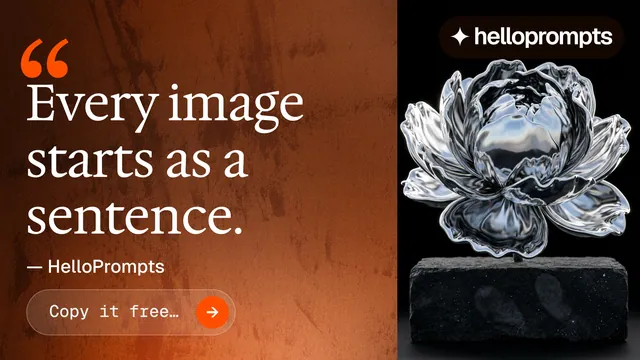Landscape graphic for HelloPrompts: "Prompts that show their work." Agentic glass style, quote layout, dark palette in black, orange, brown.