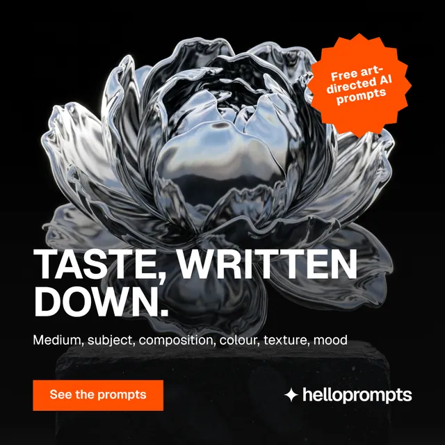Instagram post for HelloPrompts: "Taste, written down." Swiss style, sticker layout, dark palette in orange, grey, black.