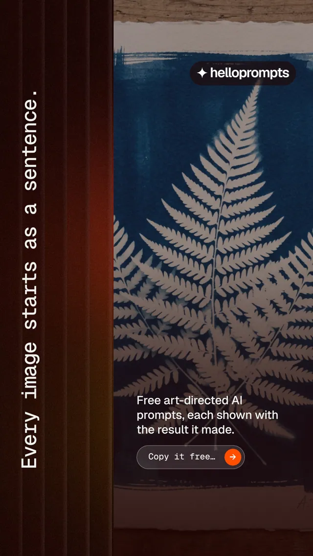 Instagram story for HelloPrompts: "Every image starts as a sentence." Agentic glass style, vertical layout, dark palette in black, grey, red.
