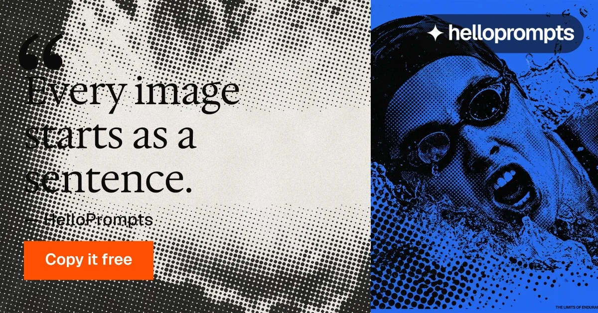 Social ad for HelloPrompts: "See the prompt. Steal the taste." Swiss style, quote layout, light palette in blue, grey, white.