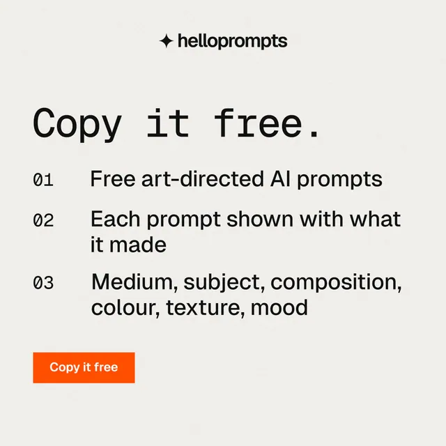 Instagram post for HelloPrompts: "Copy it free." Swiss style, numbered layout, light palette in white, grey.