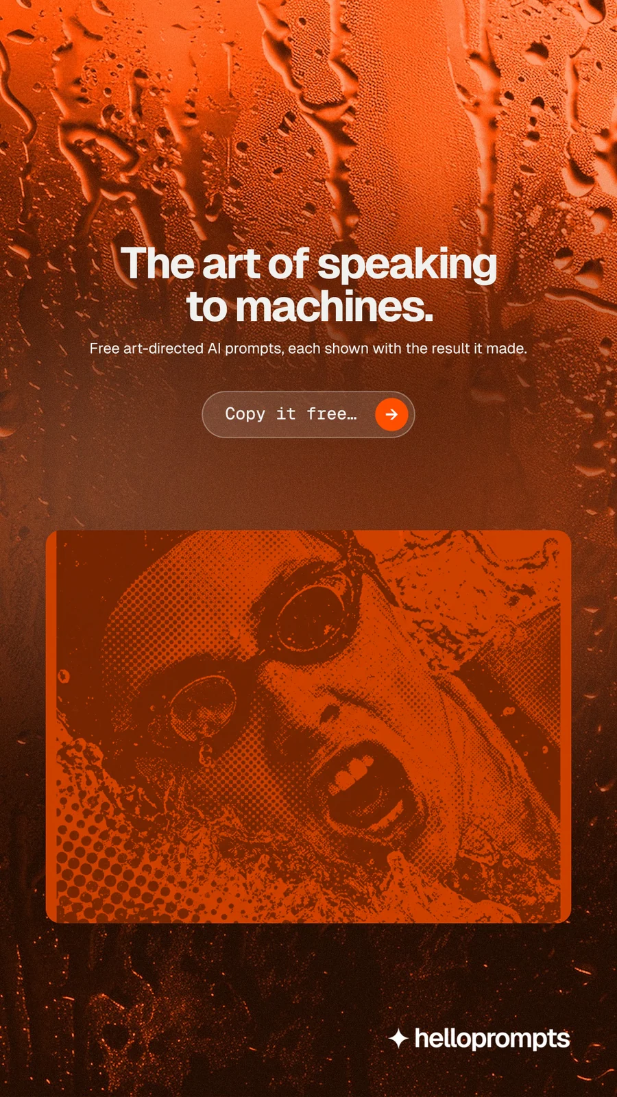 Instagram story for HelloPrompts: "The art of speaking to machines." Agentic glass style, centred layout, dark palette in orange.