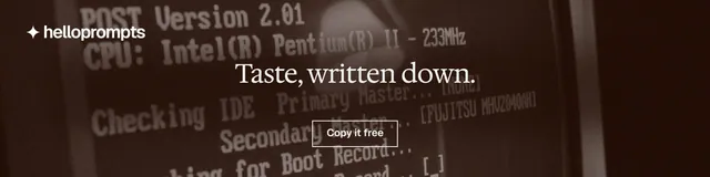 LinkedIn banner for HelloPrompts: "Taste, written down." Editorial style, centred layout, dark palette in black, orange, grey.