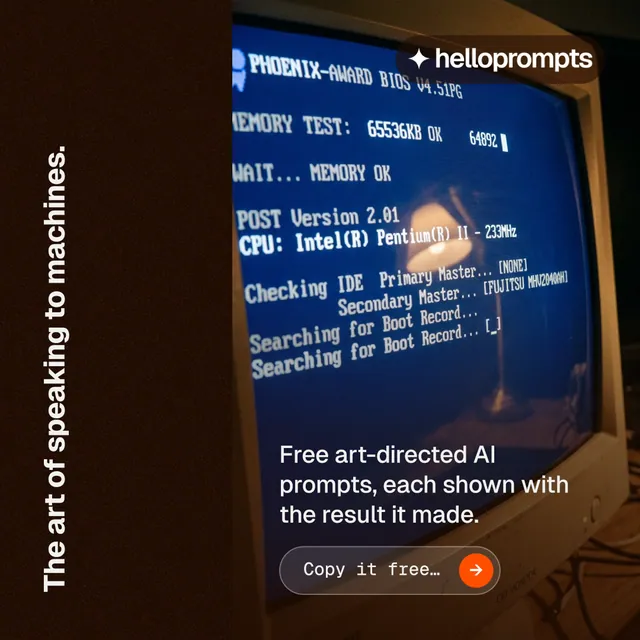 Instagram post for HelloPrompts: "The art of speaking to machines." Agentic glass style, vertical layout, dark palette in black, blue, grey.