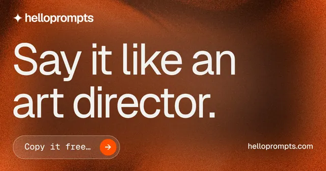 Social ad for HelloPrompts: "Say it like an art director." Agentic glass style, poster layout, dark palette in orange, brown.
