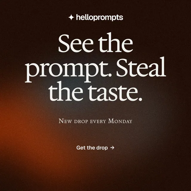 Instagram post for HelloPrompts: "See the prompt. Steal the taste." Swiss style, smallcaps layout, dark palette in orange, black.