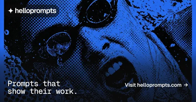 Social ad for HelloPrompts: "Prompts that show their work." Swiss style, image led layout, dark palette in blue, black.