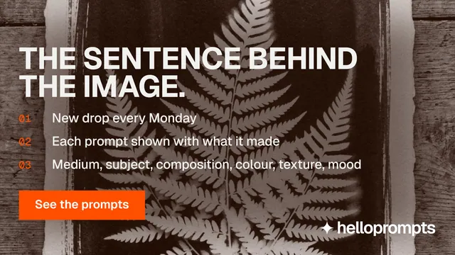 Landscape graphic for HelloPrompts: "The sentence behind the image." Swiss style, numbered layout, dark palette in orange, black, grey.