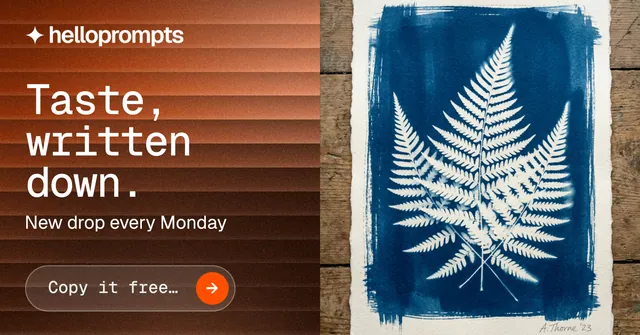 Social ad for HelloPrompts: "Taste, written down." Agentic glass style, bottom layout, dark palette in orange, blue, white.