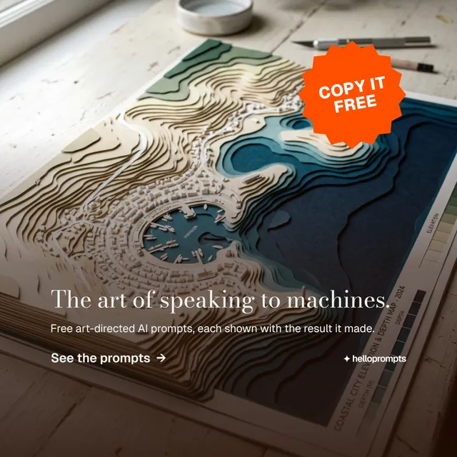 Instagram post for HelloPrompts: "The art of speaking to machines." Minimal luxury style, sticker layout, dark palette in black, grey, orange.