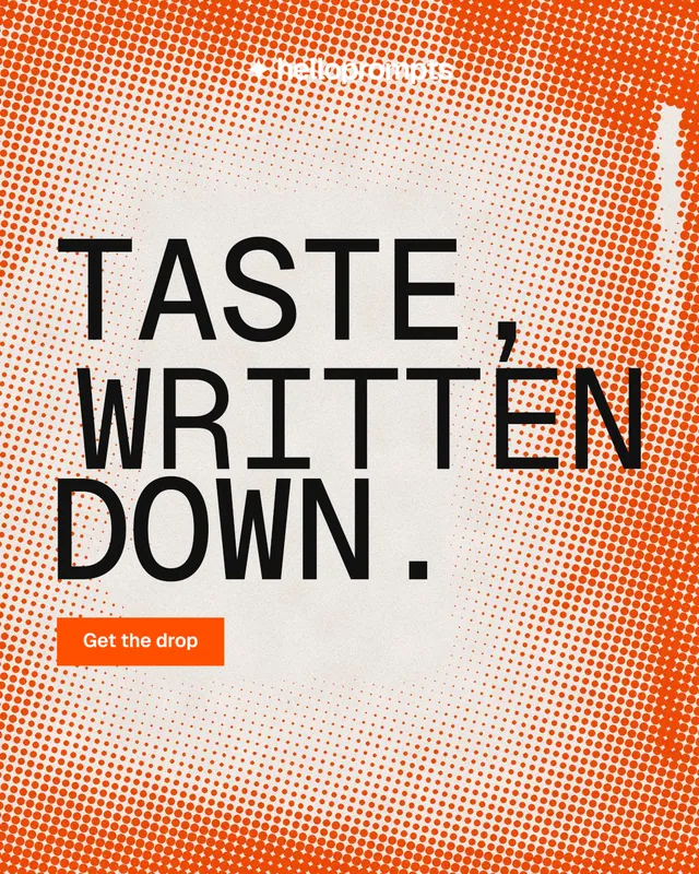 Instagram portrait post for HelloPrompts: "Taste, written down." Retro print style, stacked layout, light palette in orange, brown.