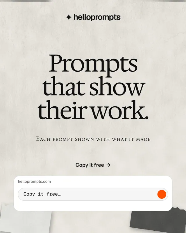 Instagram portrait post for HelloPrompts: "Prompts that show their work." Swiss style, smallcaps layout, light palette in white, grey.