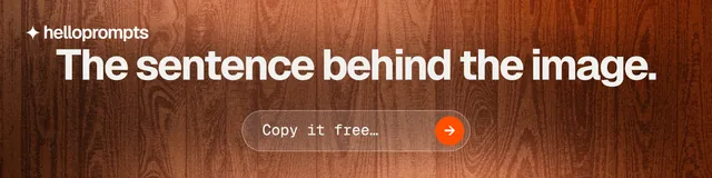 LinkedIn banner for HelloPrompts: "The sentence behind the image." Agentic glass style, skeleton layout, dark palette in orange.