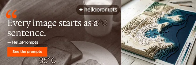 X header for HelloPrompts: "Say it like an art director." Swiss style, quote layout, light palette in black, orange, grey.