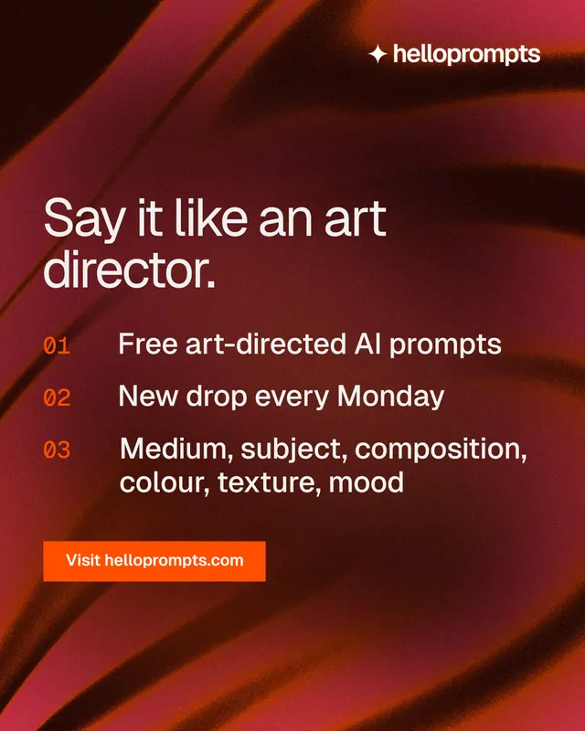 Instagram portrait post for HelloPrompts: "Say it like an art director." Swiss style, numbered layout, dark palette in red.