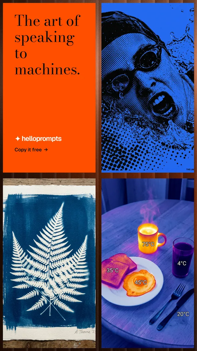 Instagram story for HelloPrompts: "The art of speaking to machines." Minimal luxury style, collage layout, dark palette in blue, red, grey.