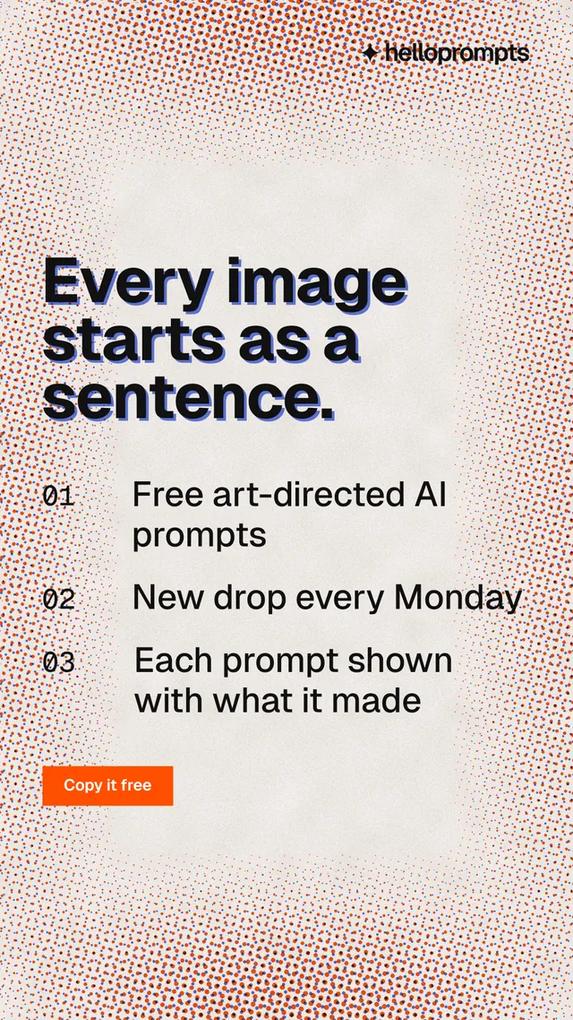 Instagram story for HelloPrompts: "Every image starts as a sentence." Swiss style, numbered layout, light palette in red, orange, grey.