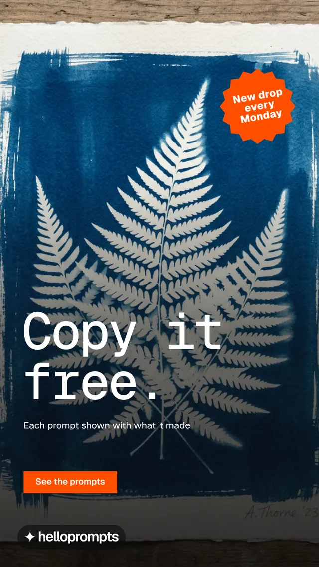 Instagram story for HelloPrompts: "Copy it free." Swiss style, sticker layout, dark palette in black, blue, grey.