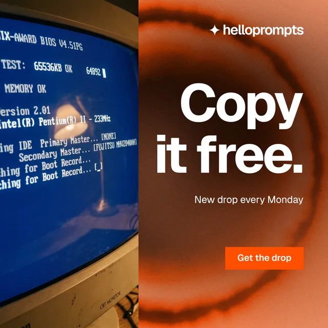 Instagram post for HelloPrompts: "Copy it free." Swiss style, right layout, dark palette in orange, blue.