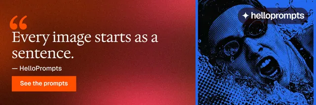 X header for HelloPrompts: "Say it like an art director." Swiss style, quote layout, dark palette in red, purple, blue.