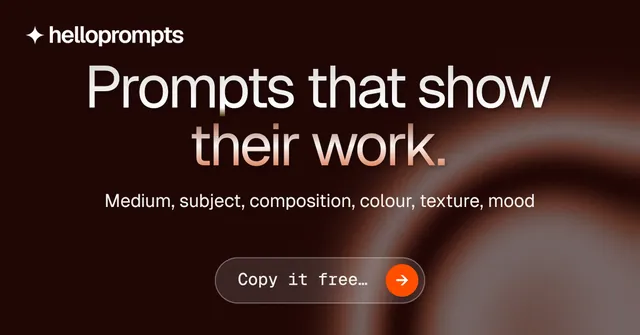 Social ad for HelloPrompts: "Prompts that show their work." Agentic glass style, centred layout, dark palette in black, grey, red.