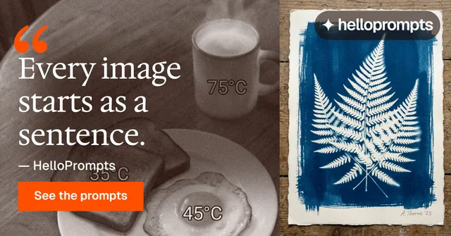 Social ad for HelloPrompts: "See the prompt. Steal the taste." Swiss style, quote layout, dark palette in blue, grey, orange.