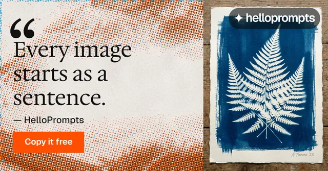 Social ad for HelloPrompts: "See the prompt. Steal the taste." Swiss style, quote layout, light palette in grey, orange.