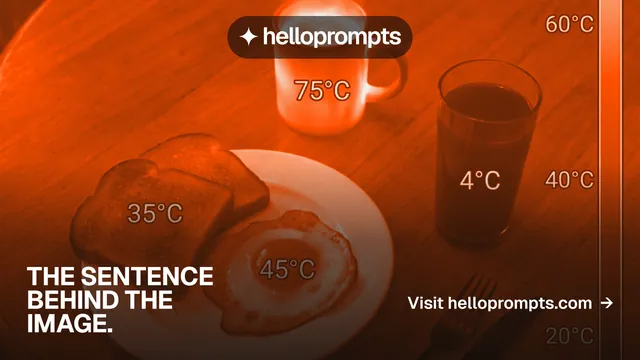 Landscape graphic for HelloPrompts: "The sentence behind the image." Swiss style, image led layout, dark palette in orange.